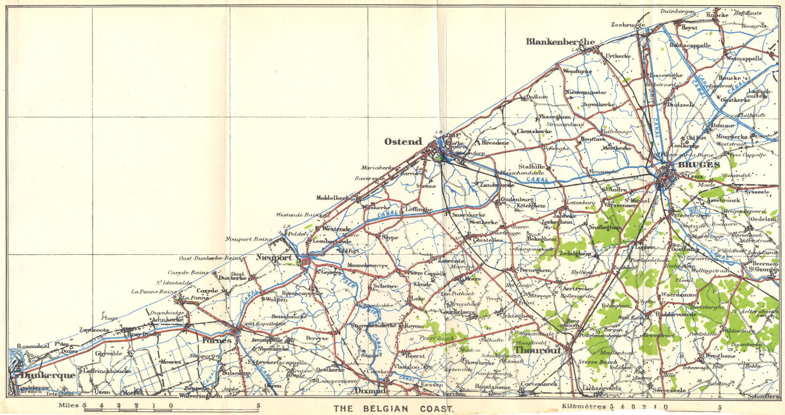 BELGIUM. Dunkirk Dixmude Ghent. Belgian Coast 1924 old antique map plan chart